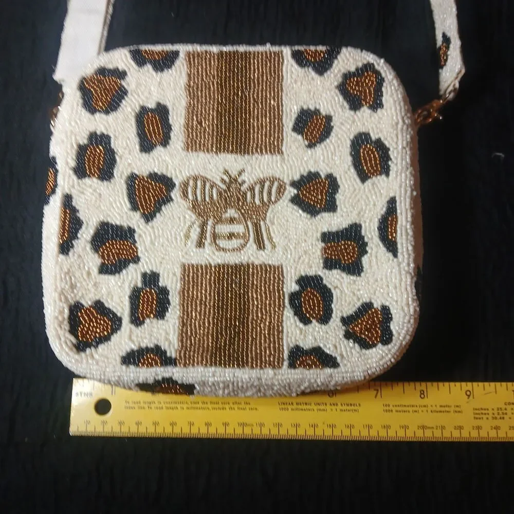Beaded Bee And Leopard Crossbody Statement Bag 7.5